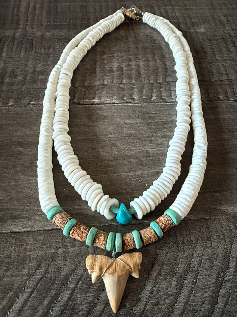 White Bead Necklace with Turquoise Accents and Shark Tooth Pendant - Picture 5 of 5